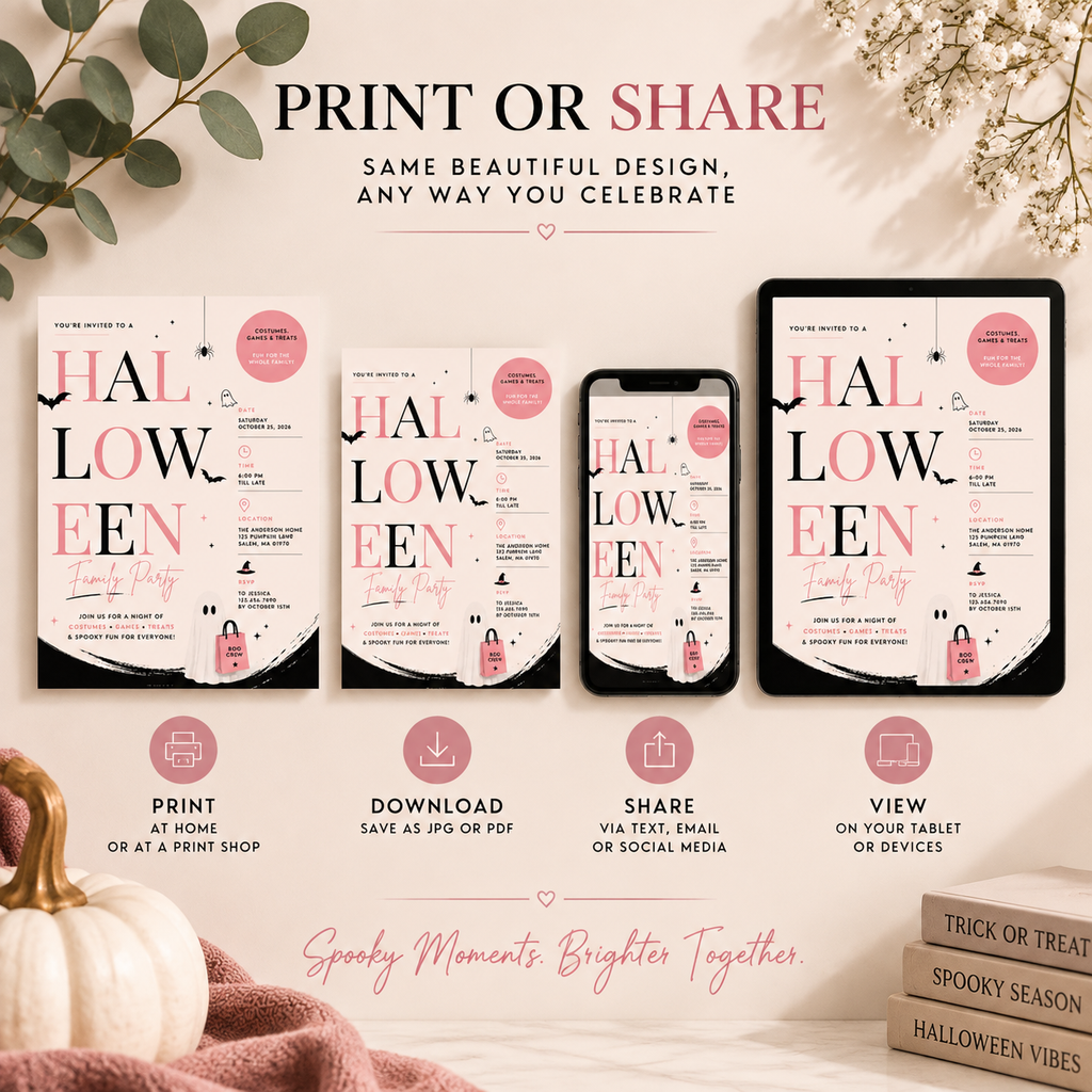 Family Halloween Party Invite - Blush Black