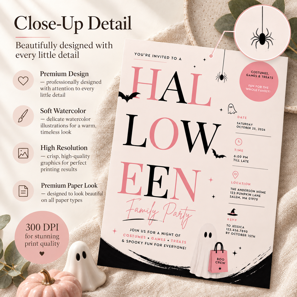 Family Halloween Party Invite - Blush Black