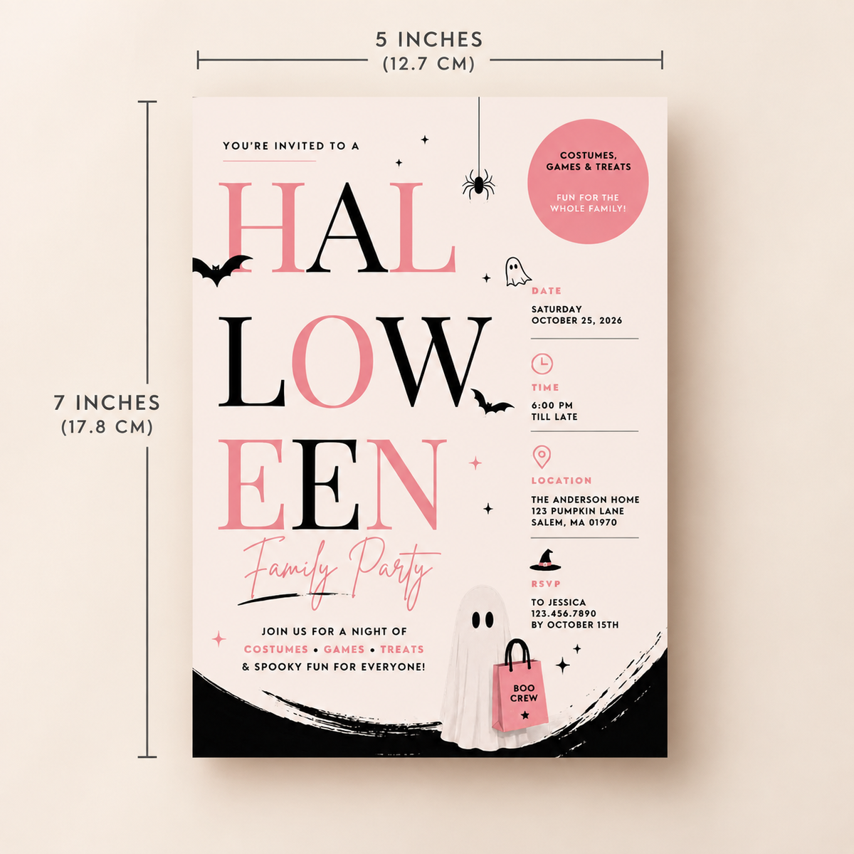 Family Halloween Party Invite - Blush Black