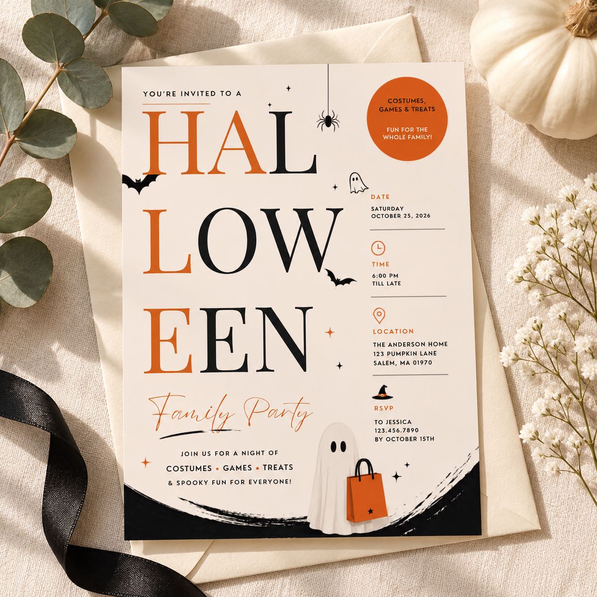Family Halloween Party Invite - Cream Orange