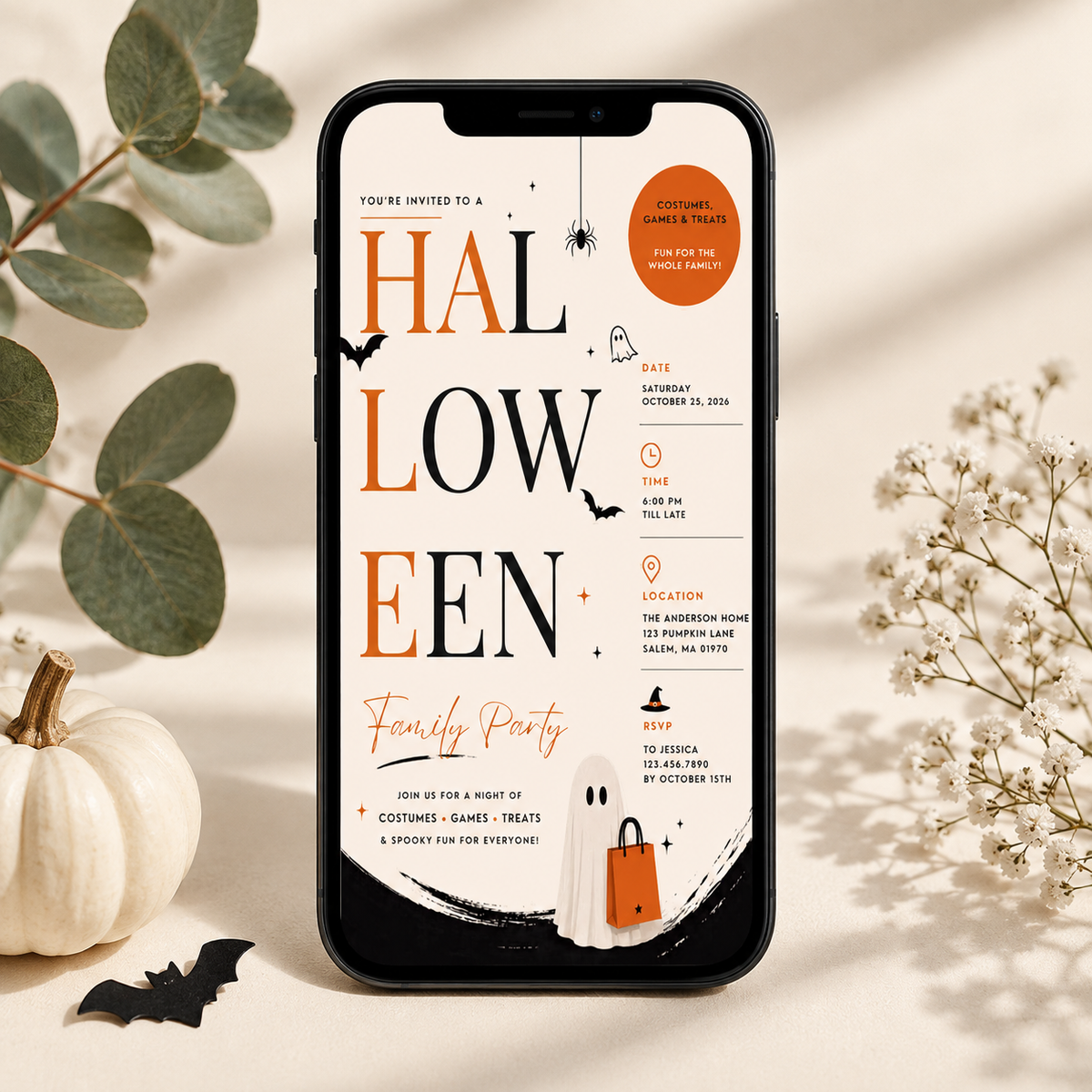 Family Halloween Party Invite - Cream Orange