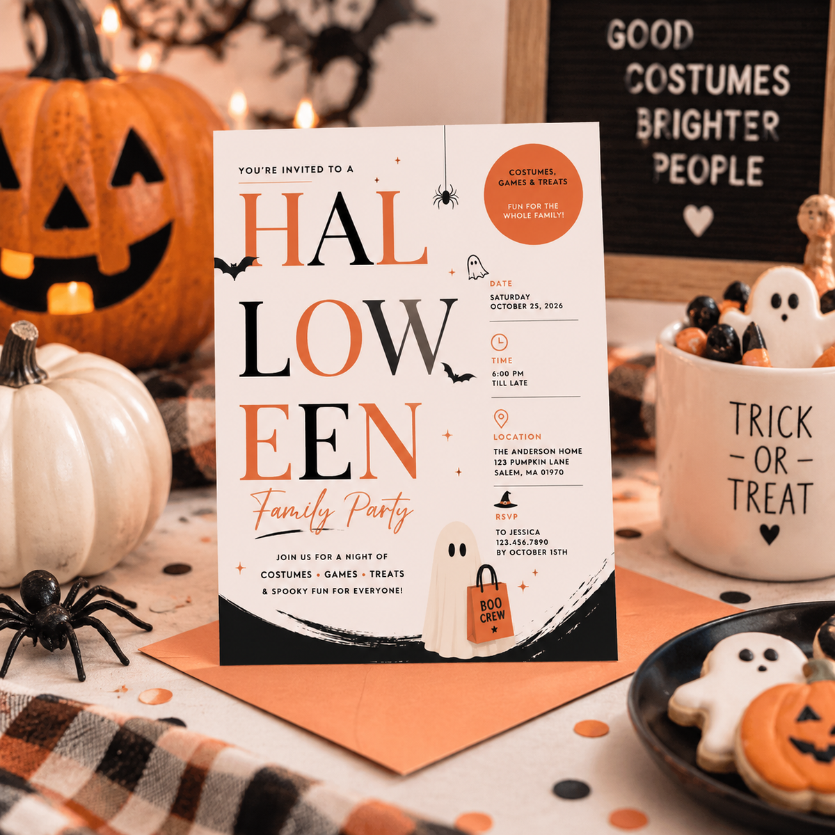 Family Halloween Party Invite - Cream Orange