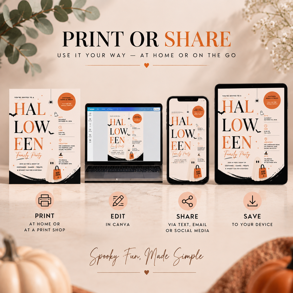Family Halloween Party Invite - Cream Orange