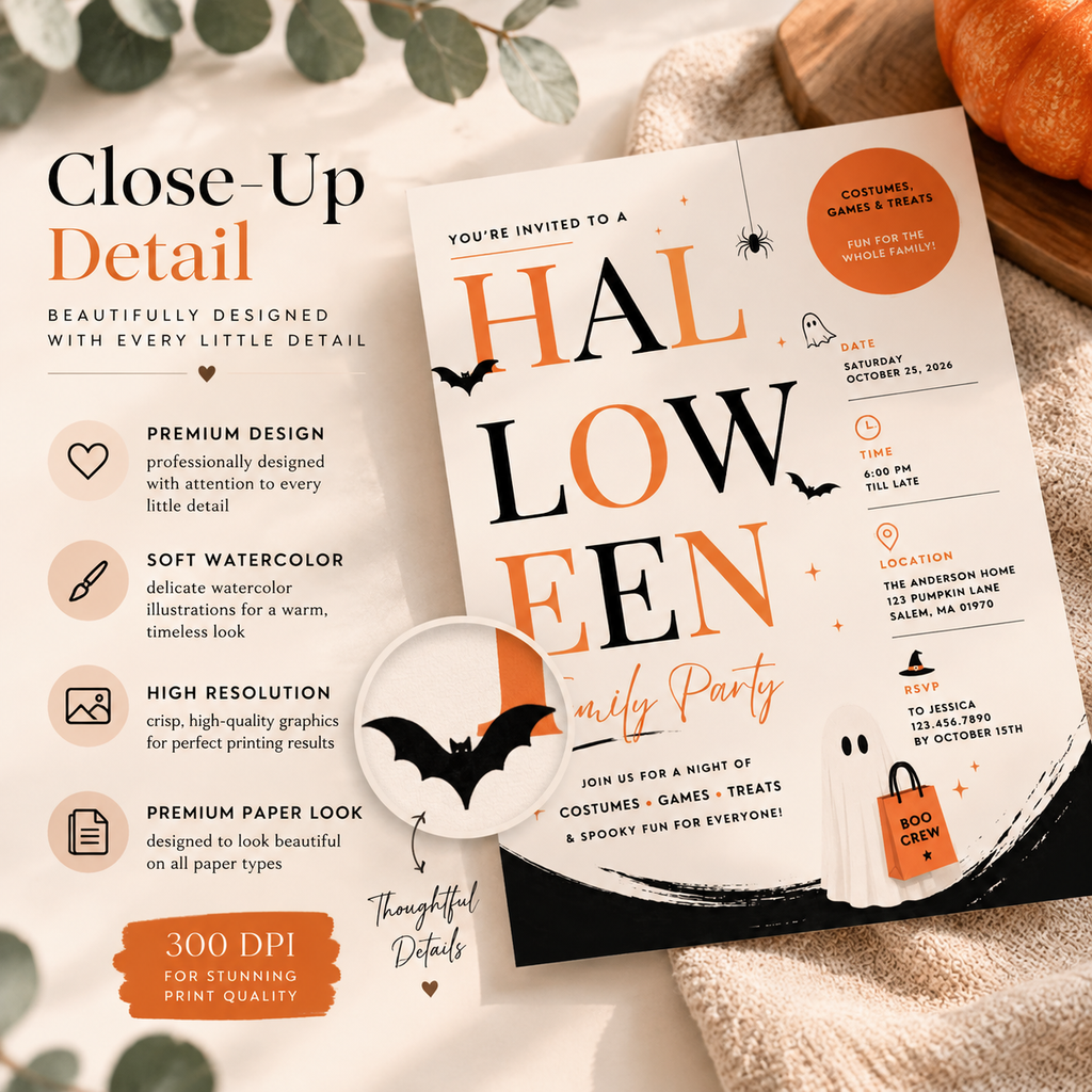 Family Halloween Party Invite - Cream Orange