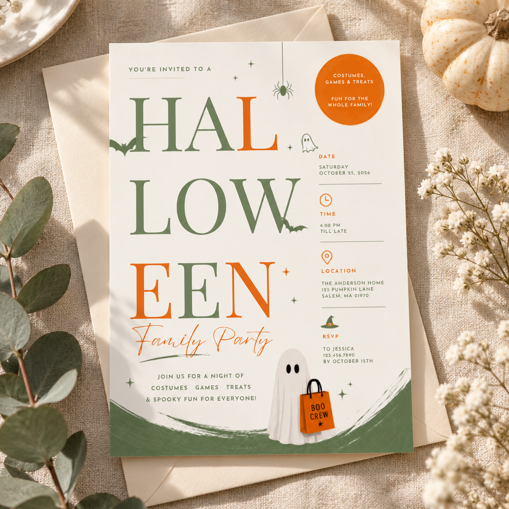 Family Halloween Party Invite - Sage Orange