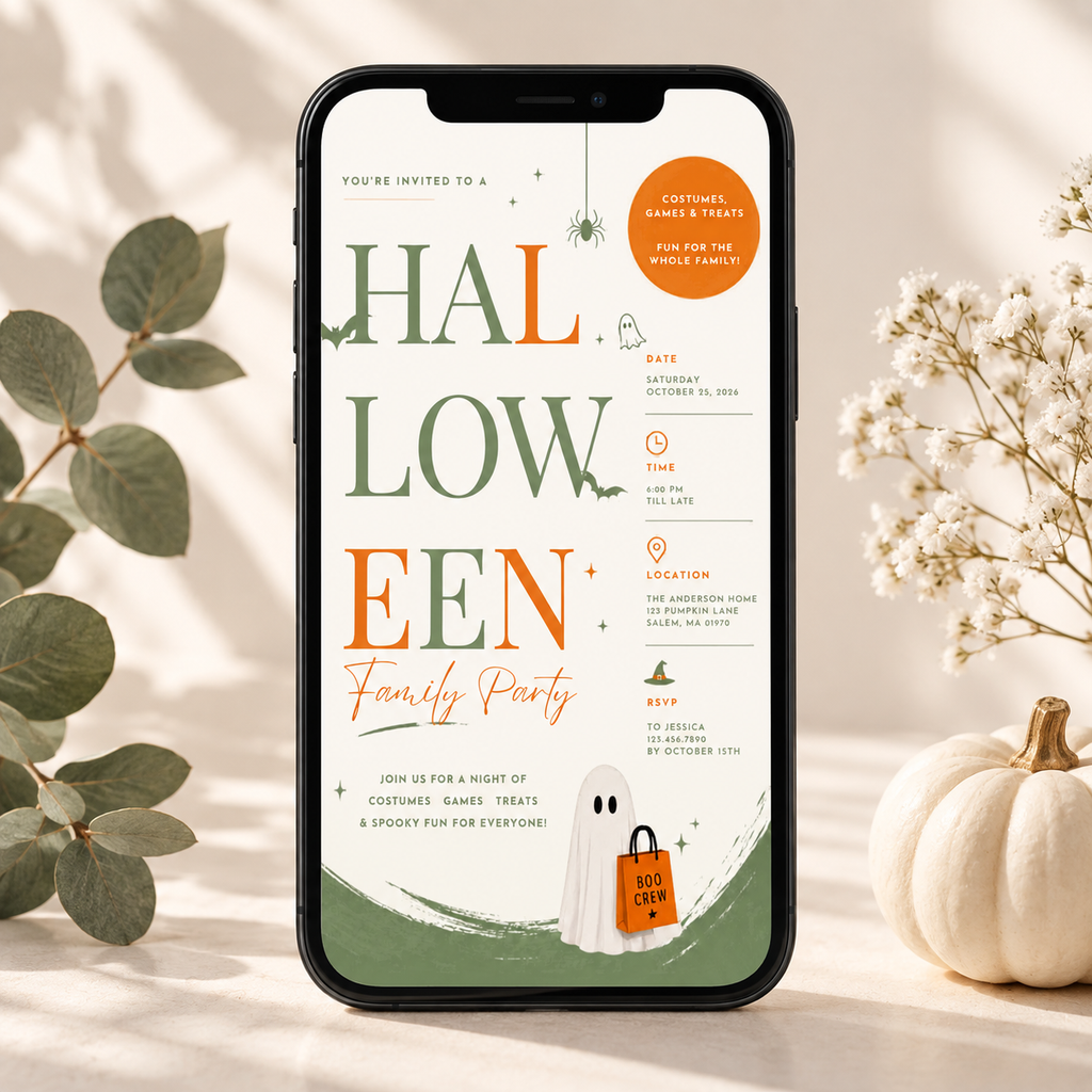Family Halloween Party Invite - Sage Orange