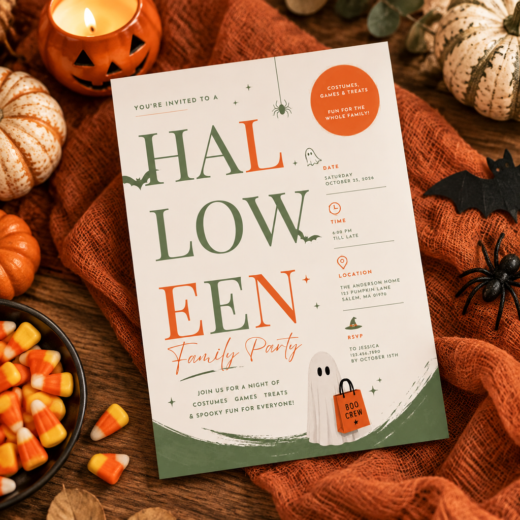 Family Halloween Party Invite - Sage Orange