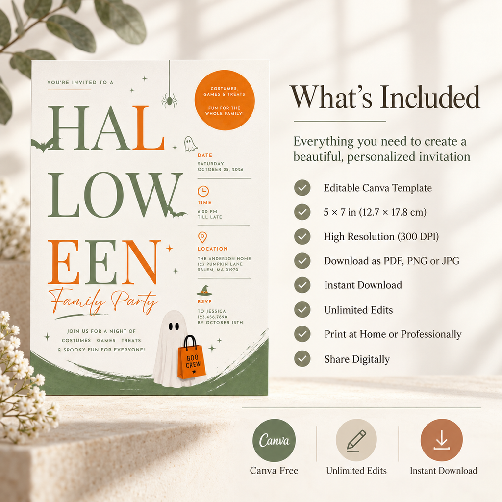 Family Halloween Party Invite - Sage Orange