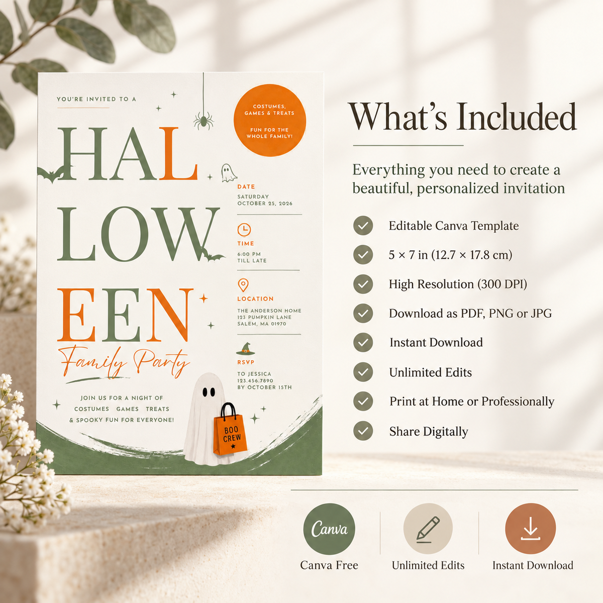 Family Halloween Party Invite - Sage Orange