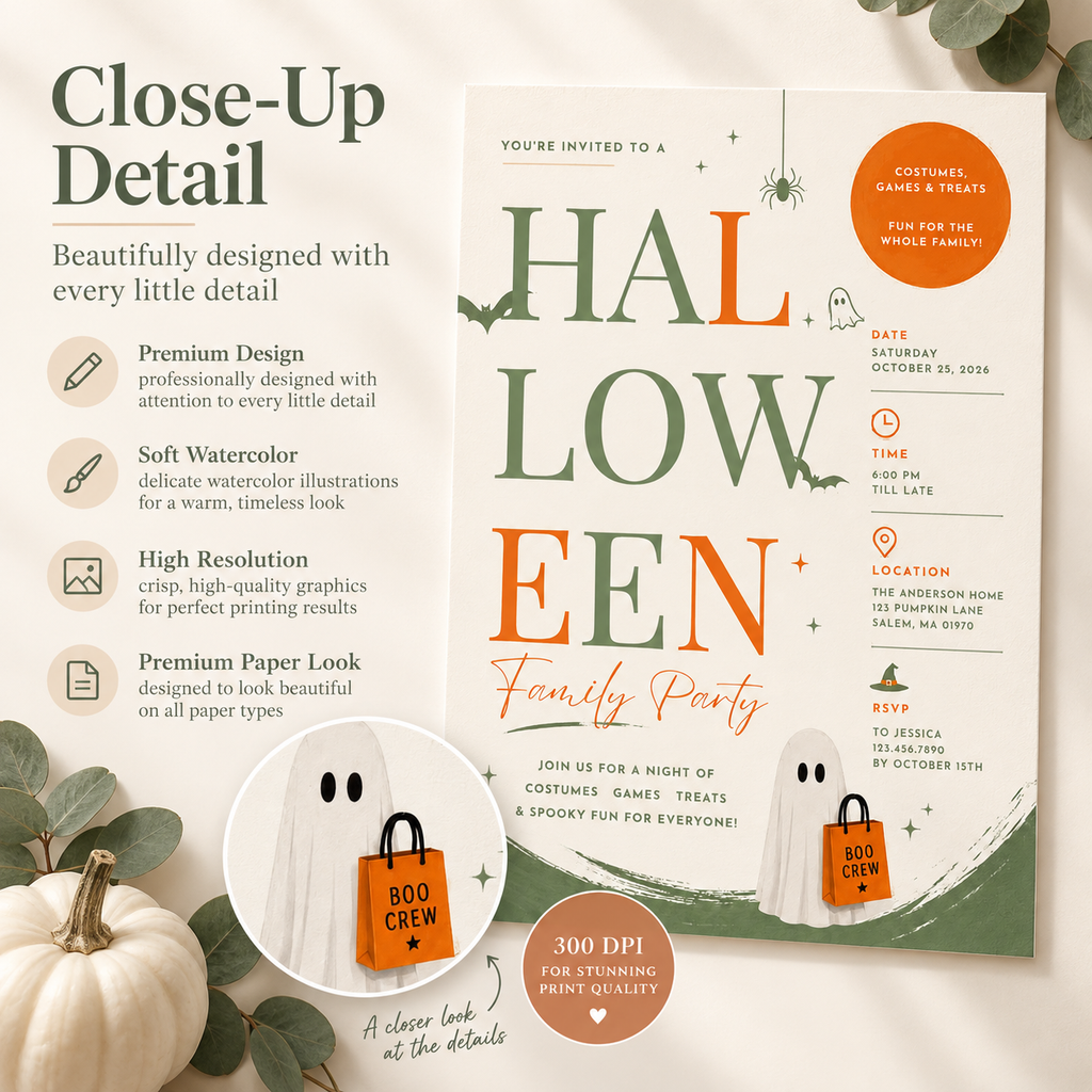 Family Halloween Party Invite - Sage Orange