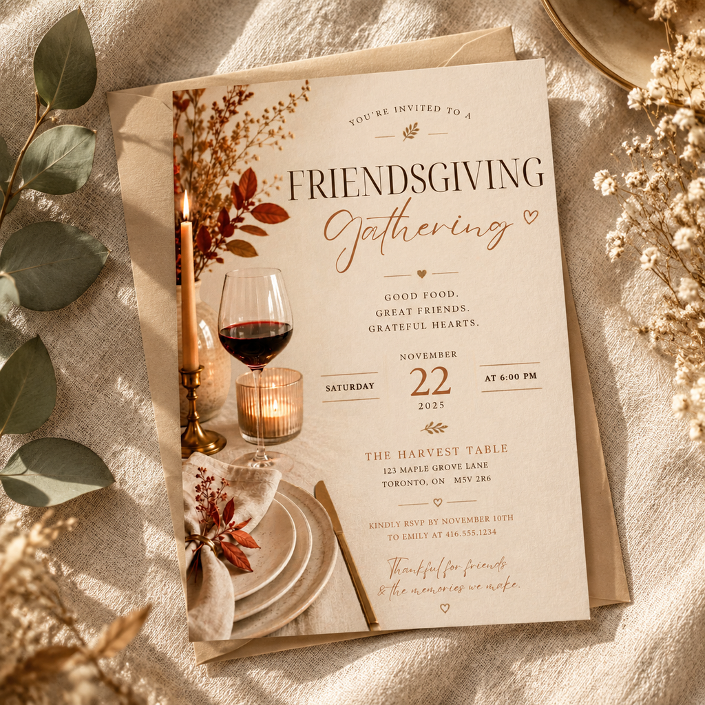 Hero: Elegant Friendsgiving Invitation – Beige & Rust, sophisticated editable Canva invitation
