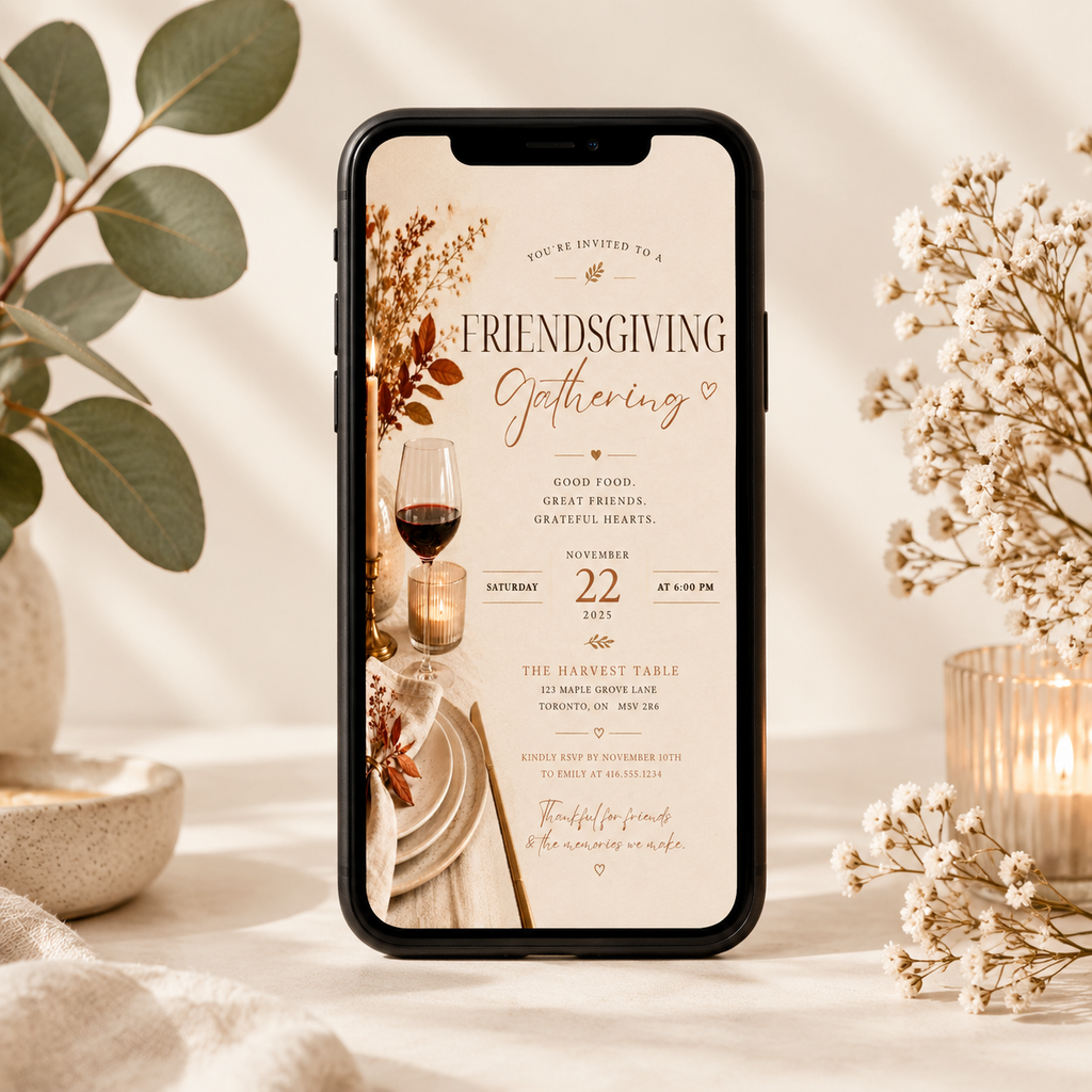 Phone: Elegant Friendsgiving Invitation Beige & Rust shown on a phone screen