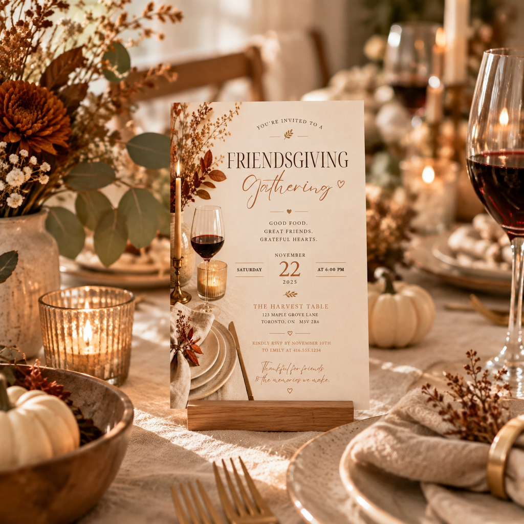 Styled: Elegant Friendsgiving Invitation Beige & Rust on a cozy autumn dinner table setting