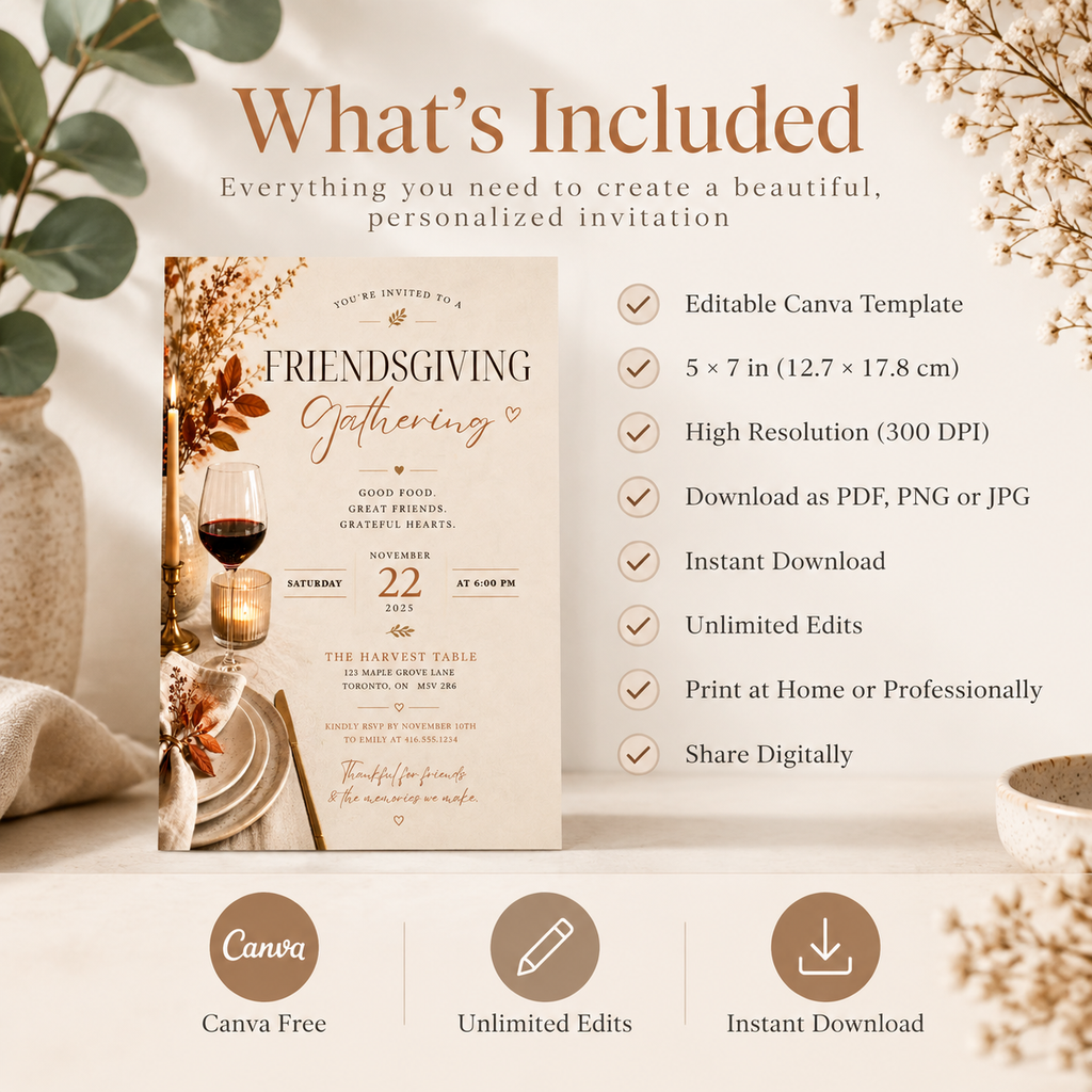 What’s Included: What’s included with the Elegant Friendsgiving Invitation Beige & Rust