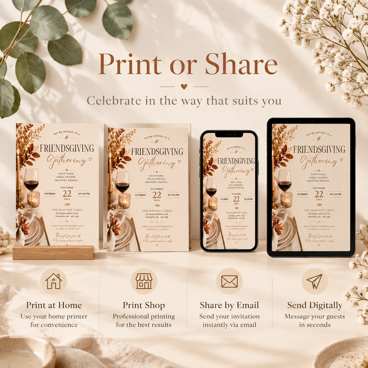 Print or Share: Elegant Friendsgiving Invitation Beige & Rust, print at home or share digitally