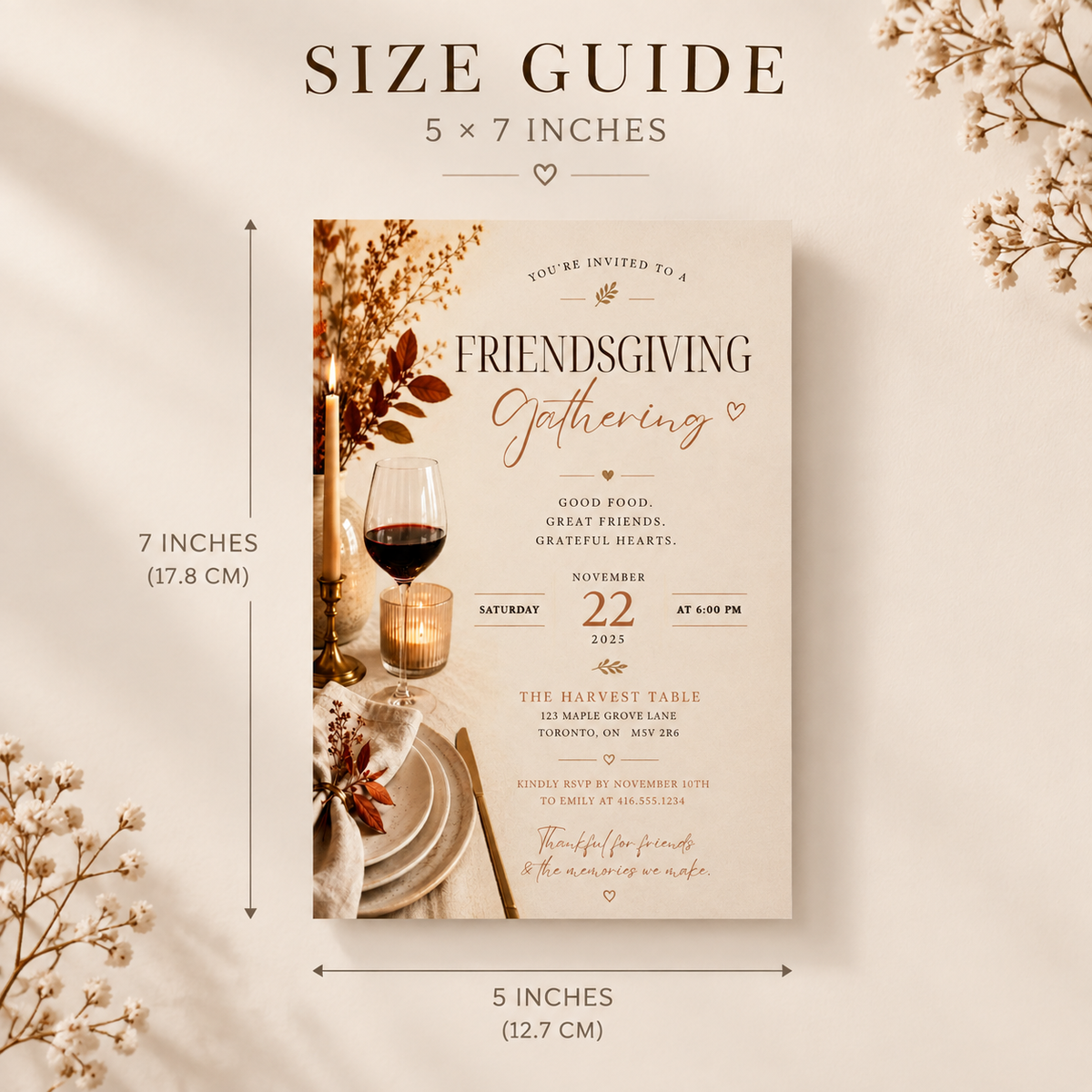 Size: Elegant Friendsgiving Invitation Beige & Rust, 5x7 inch size guide