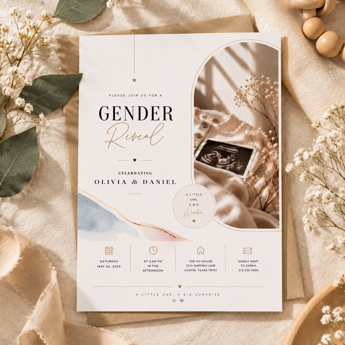 Gender Reveal Invitation - Cream & Gold