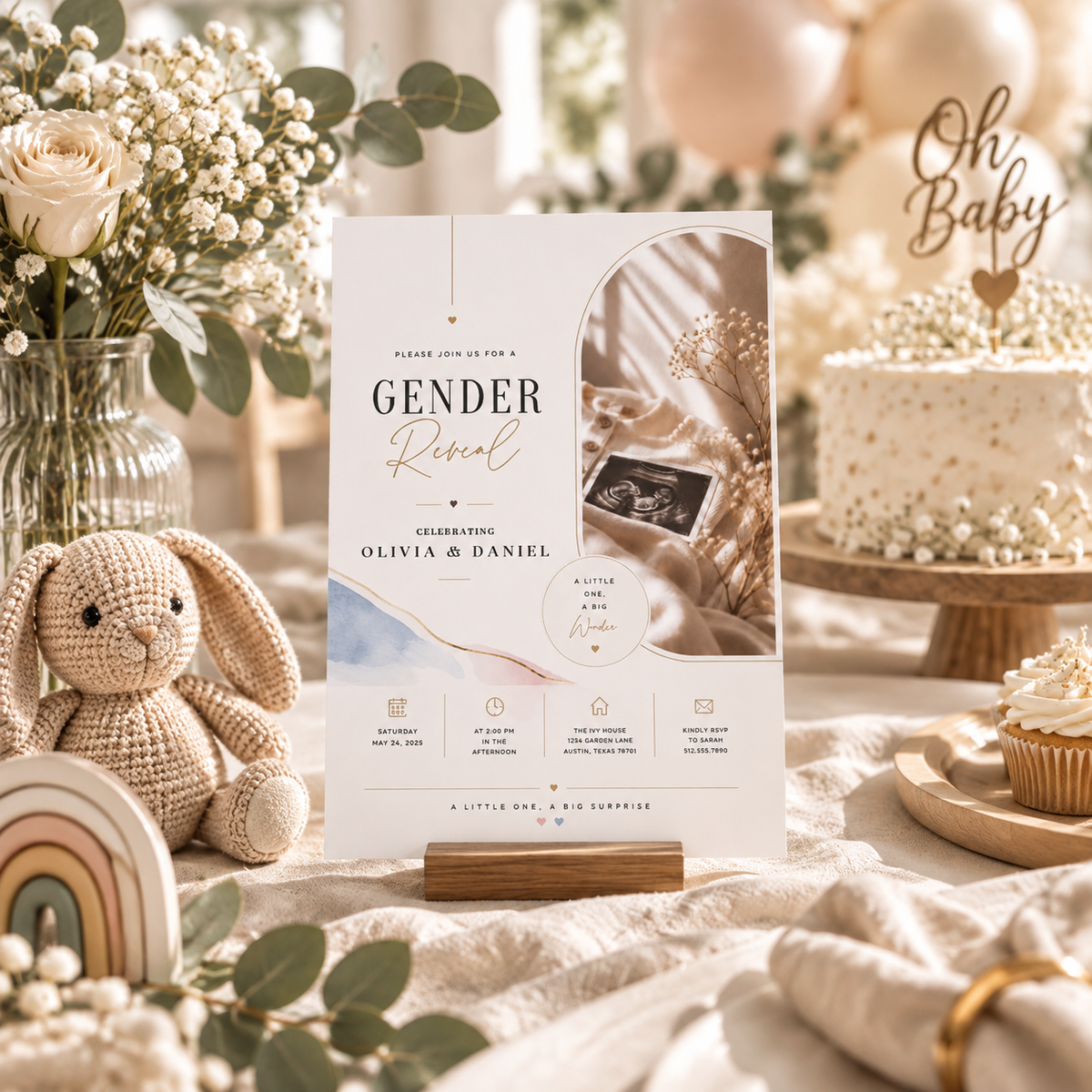 Gender Reveal Invitation - Cream & Gold