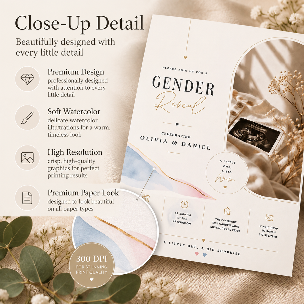 Gender Reveal Invitation - Cream & Gold
