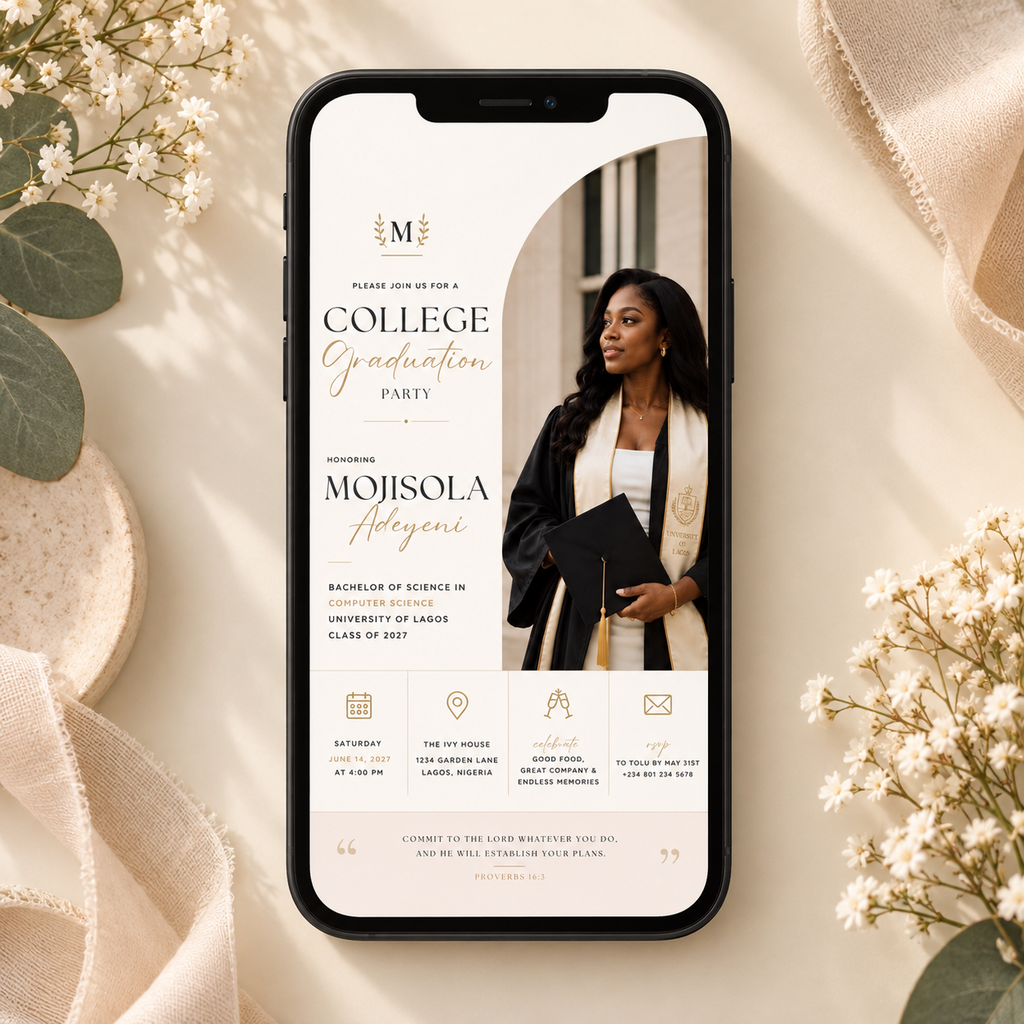 Phone: College Graduation Party Invitation shown on a phone screen