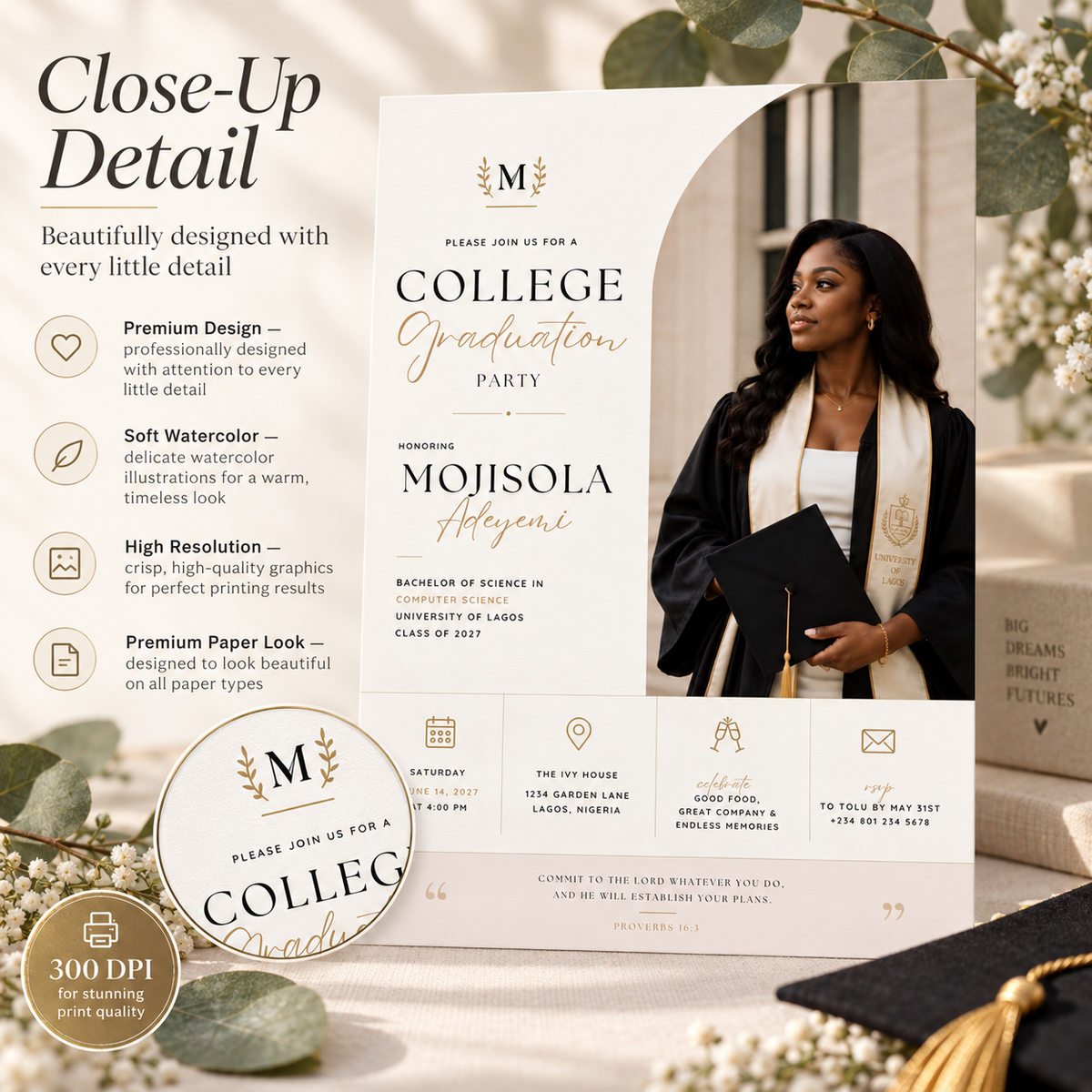 Close-up: Close-up detail of the College Graduation Party Invitation design