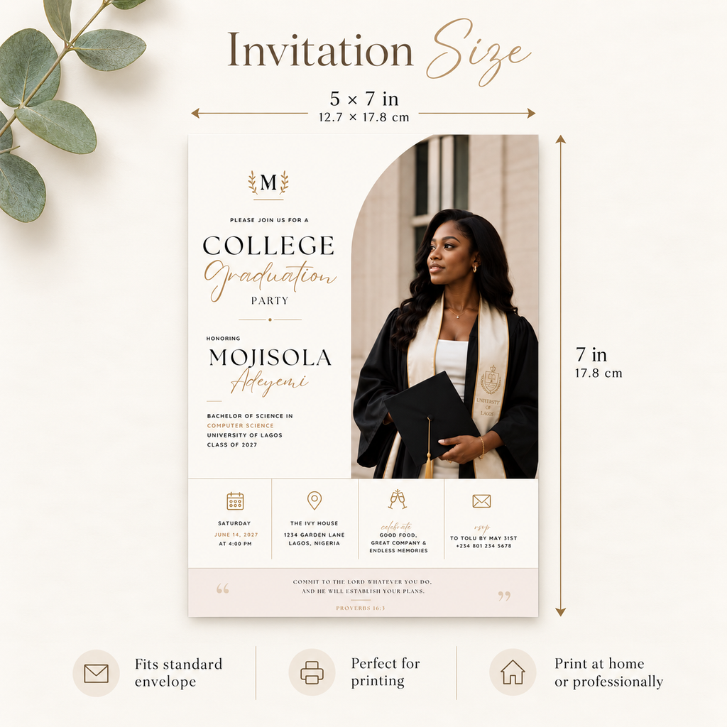 1. Size: College Graduation Party Invitation, 5x7 inch size guide