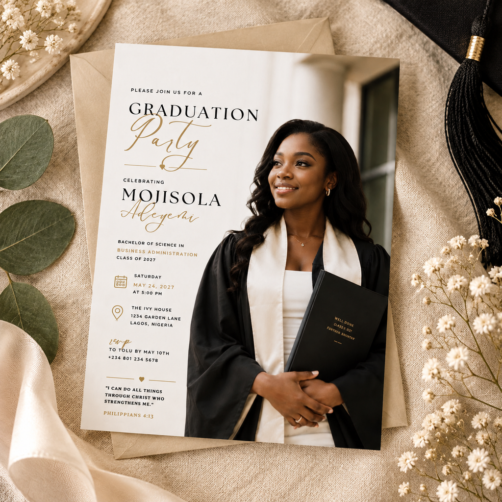 Hero: Graduate Celebration Party Invitation – Black & Gold, modern editable Canva invitation