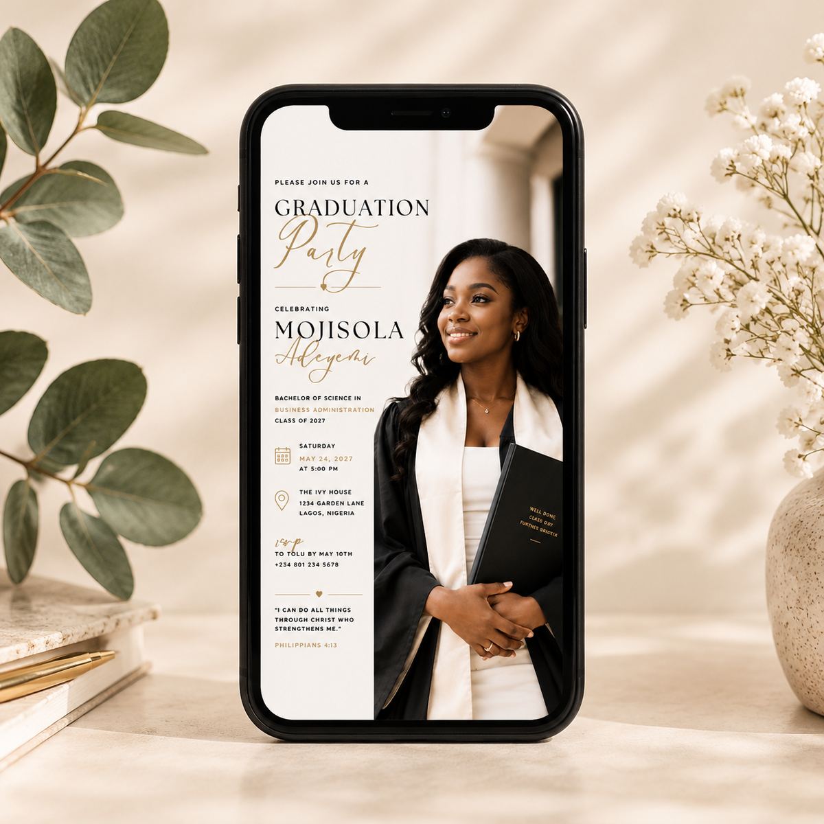 Phone: Graduate Celebration Party Invitation Black & Gold shown on a phone screen