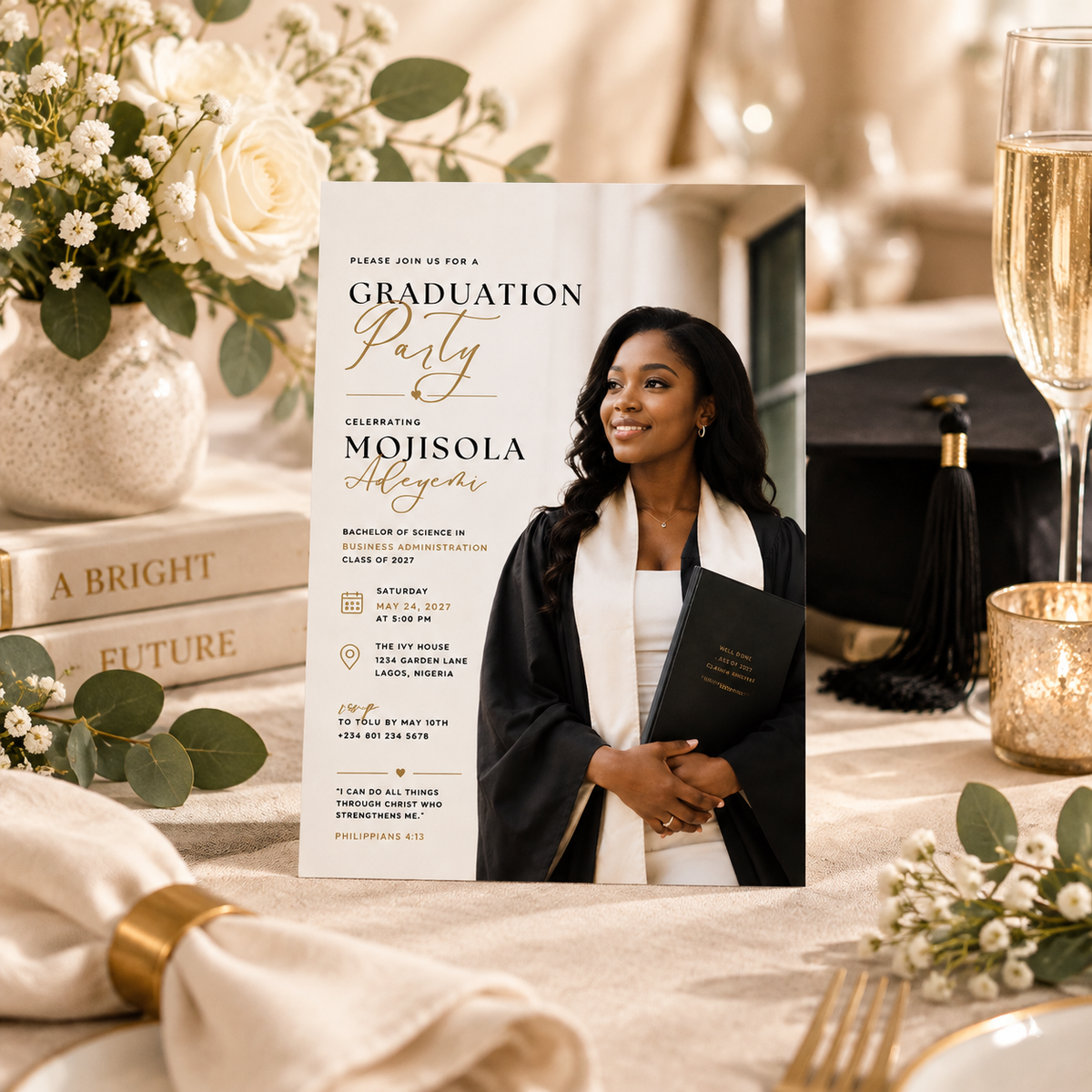 Styled: Graduate Celebration Party Invitation Black & Gold in a stylish graduation celebration setting