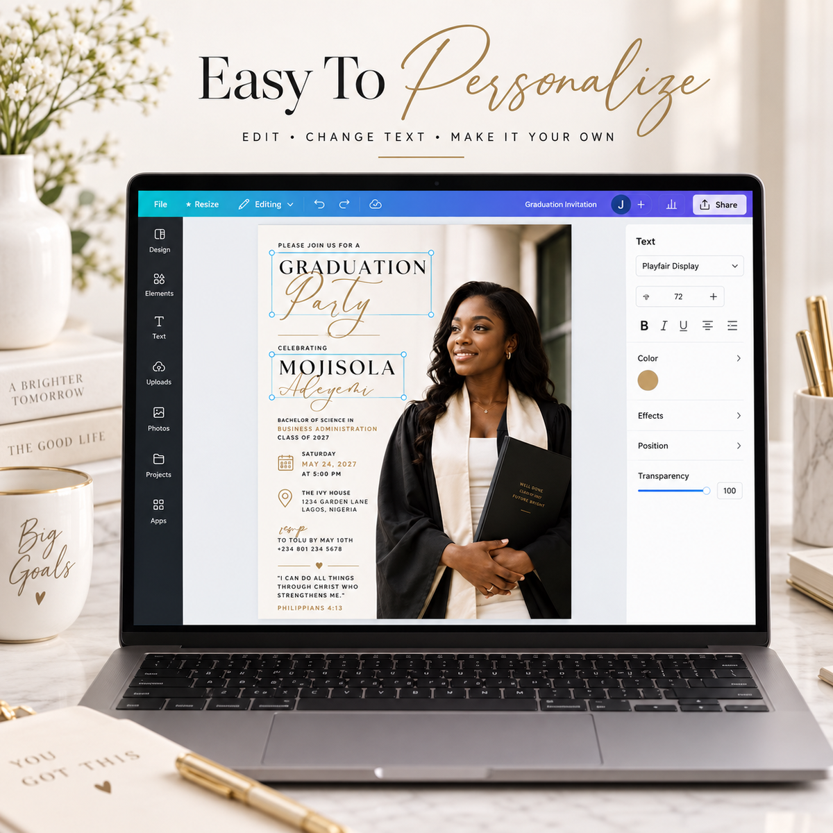 Easy to Personalize: Editing the Graduate Celebration Party Invitation Black & Gold in Canva