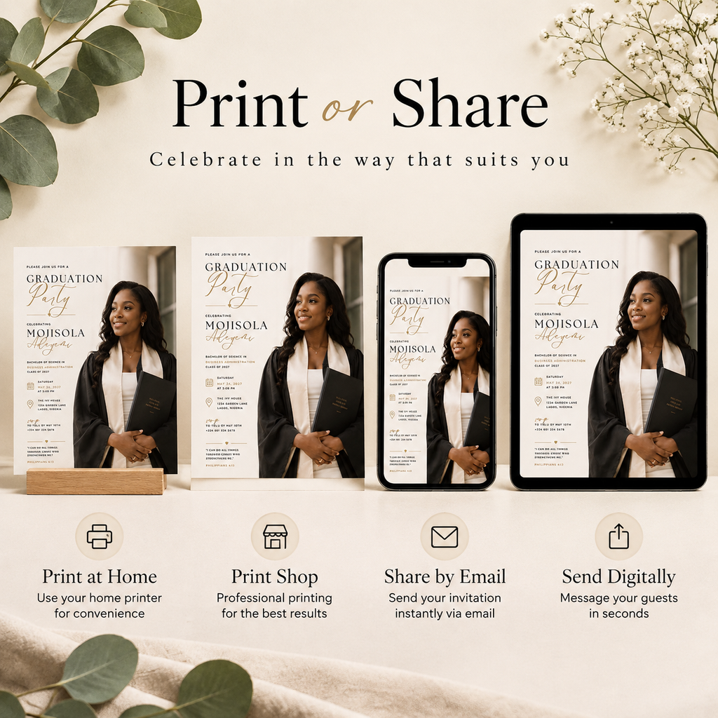 Print or Share: Graduate Celebration Party Invitation Black & Gold, print at home or share digitally