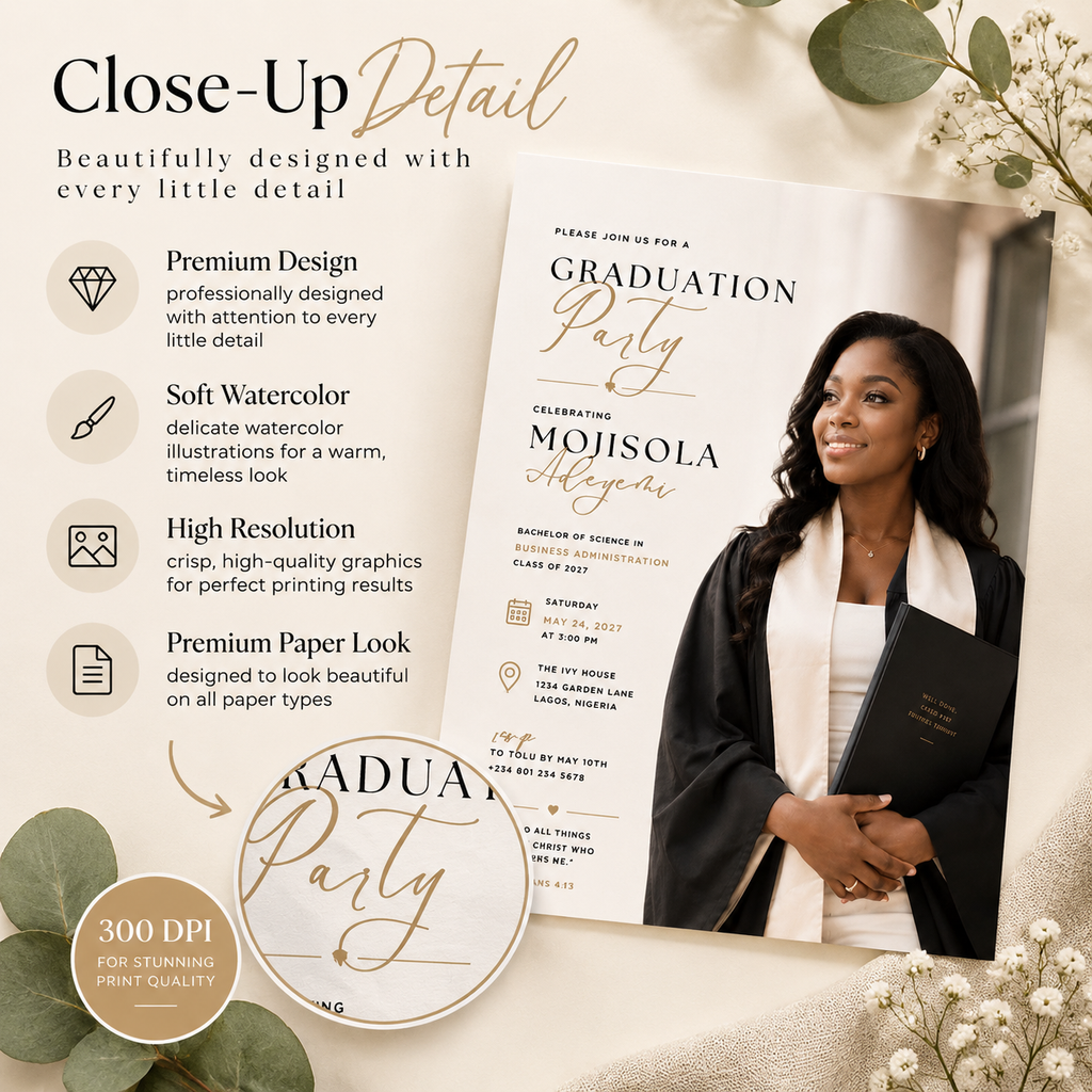 Close-up: Close-up detail of the Graduate Celebration Party Invitation Black & Gold design