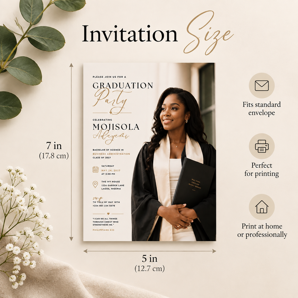 Size: Graduate Celebration Party Invitation Black & Gold, 5x7 inch size guide