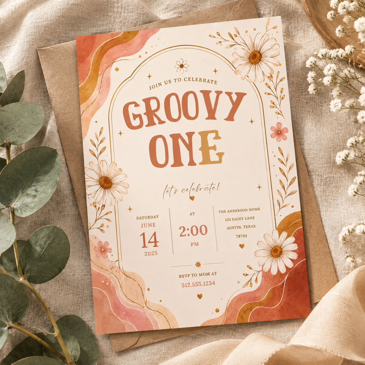 Groovy Retro Daisy Birthday Invitation