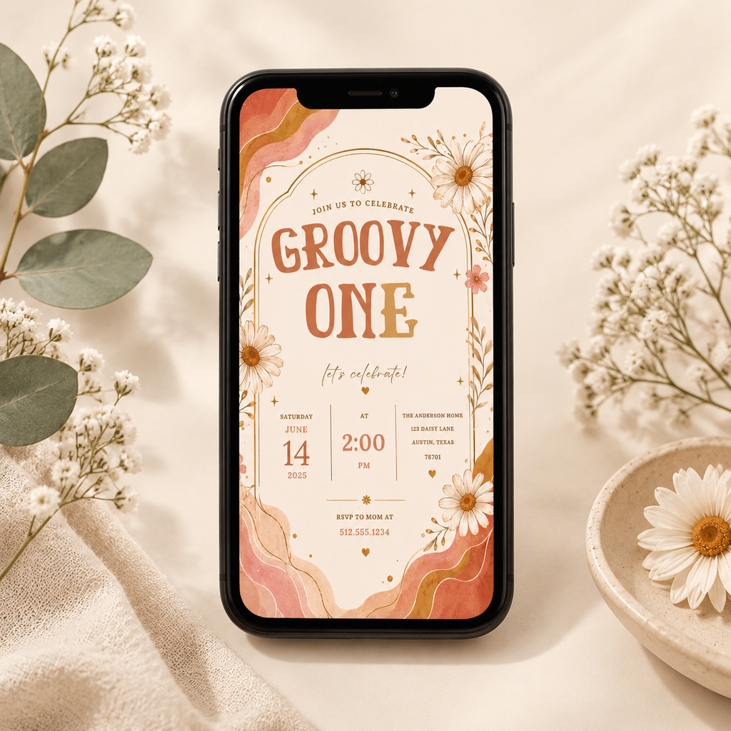 Groovy Retro Daisy Birthday Invitation