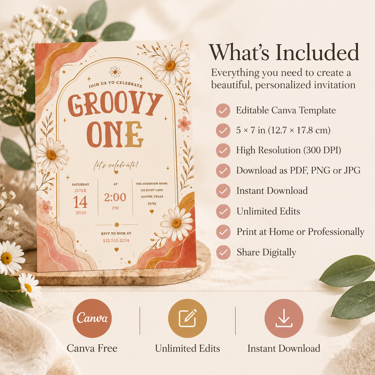 Groovy Retro Daisy Birthday Invitation