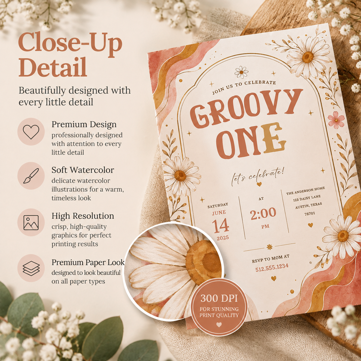 Groovy Retro Daisy Birthday Invitation