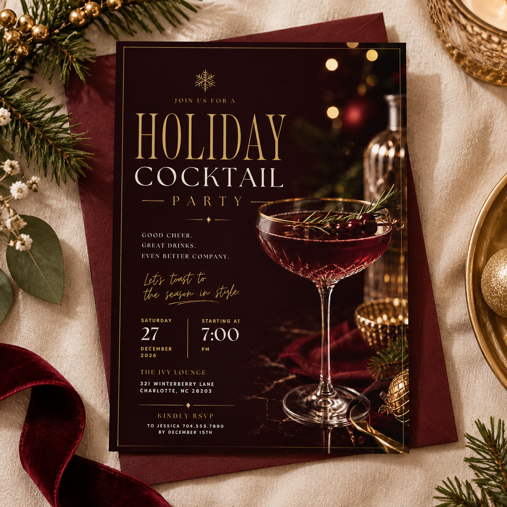 Holiday Cocktail Party Invitation - Burgundy & Gold