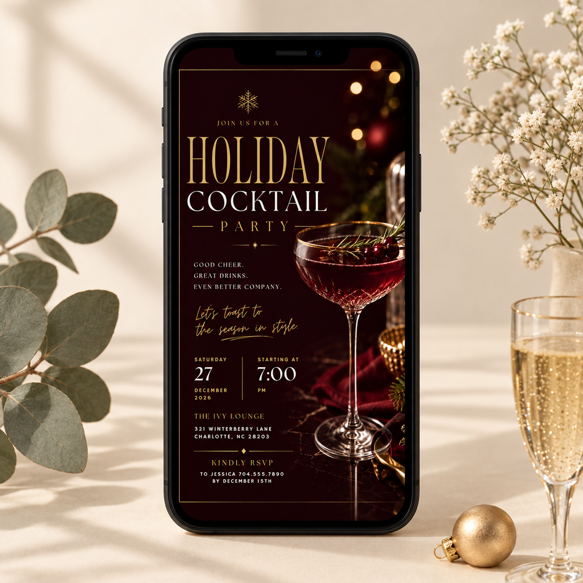 Holiday Cocktail Party Invitation - Burgundy & Gold