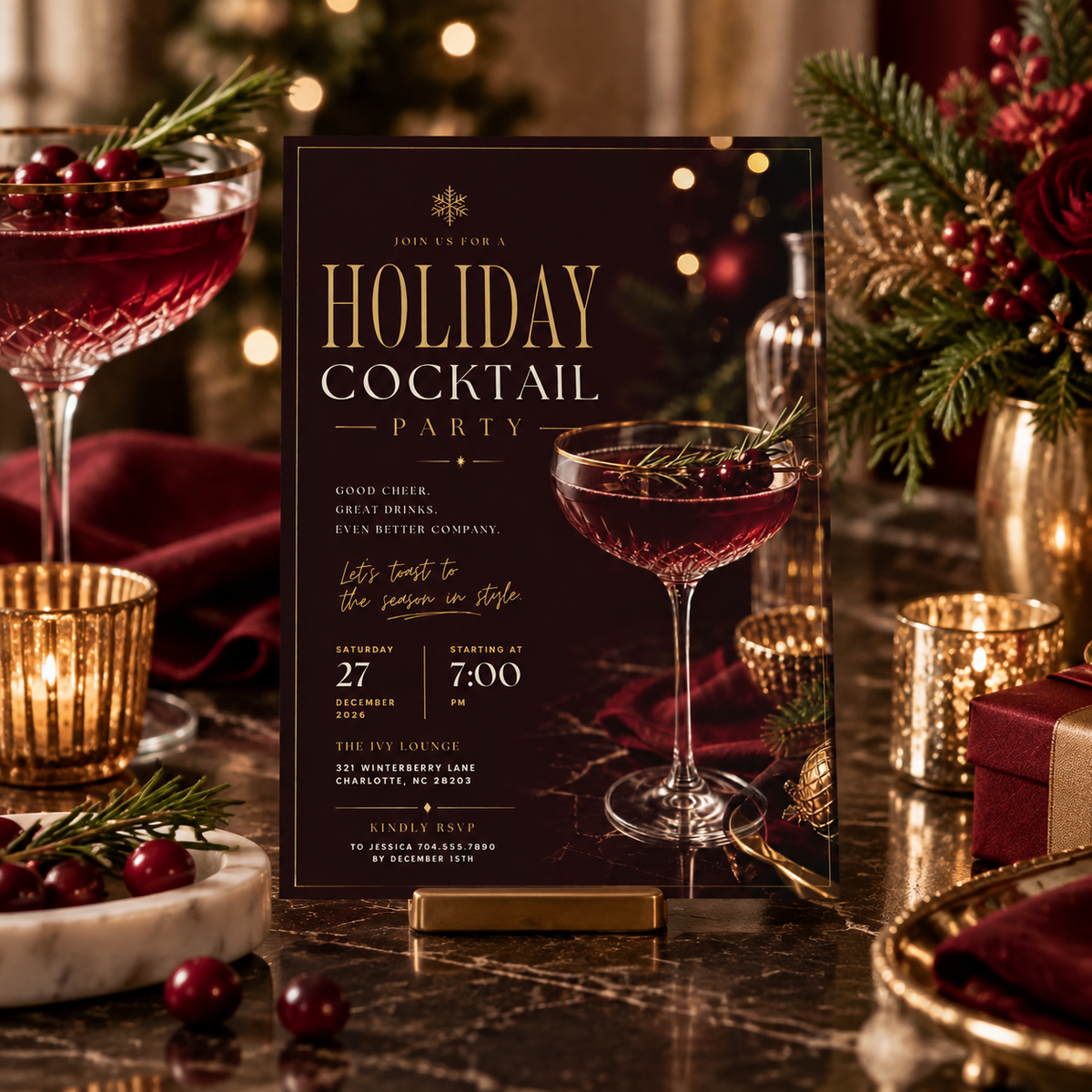 Holiday Cocktail Party Invitation - Burgundy & Gold