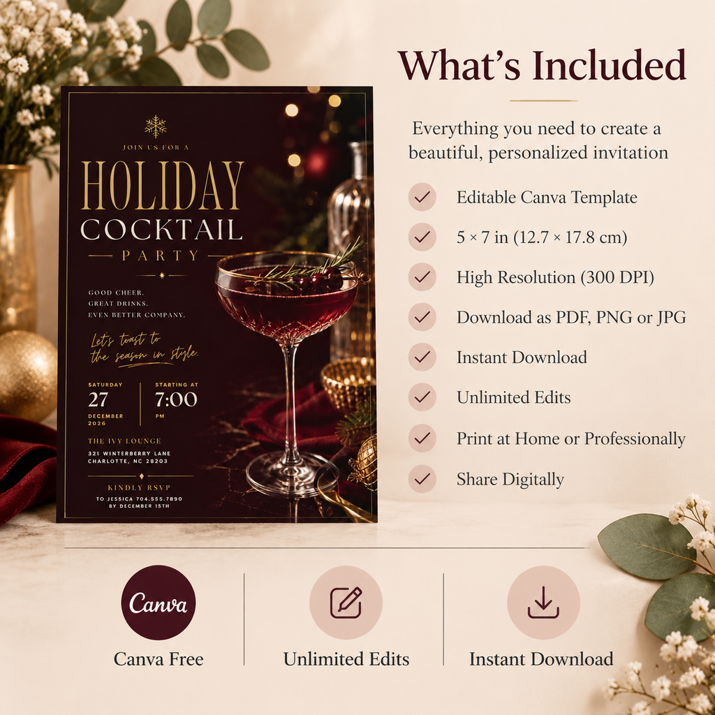 Holiday Cocktail Party Invitation - Burgundy & Gold