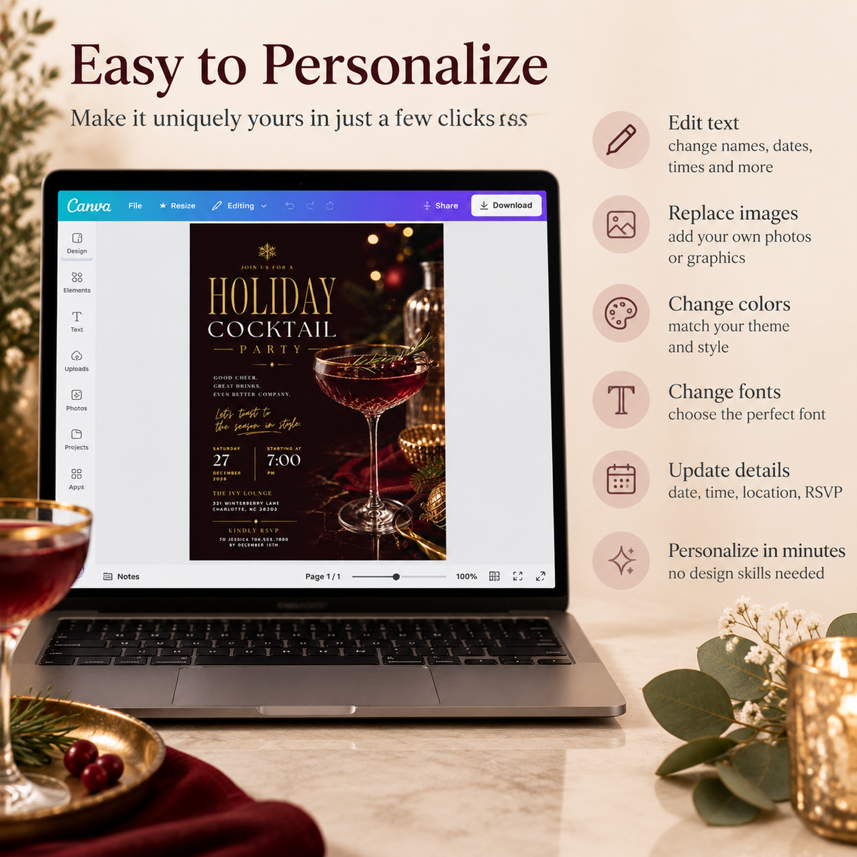 Holiday Cocktail Party Invitation - Burgundy & Gold