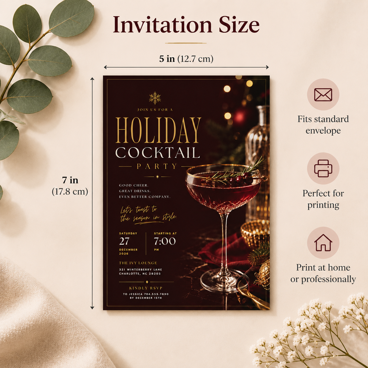 Holiday Cocktail Party Invitation - Burgundy & Gold