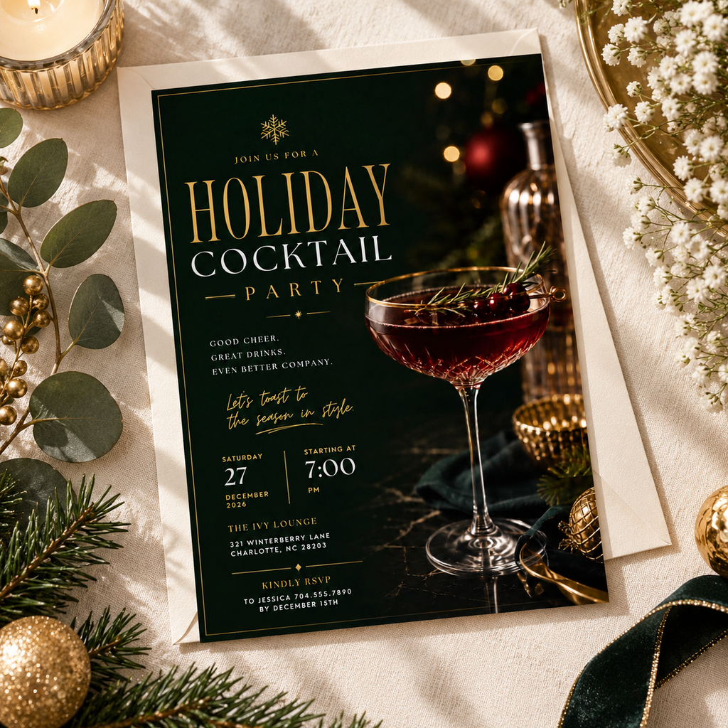 Holiday Cocktail Party Invitation - Dark Green Gold