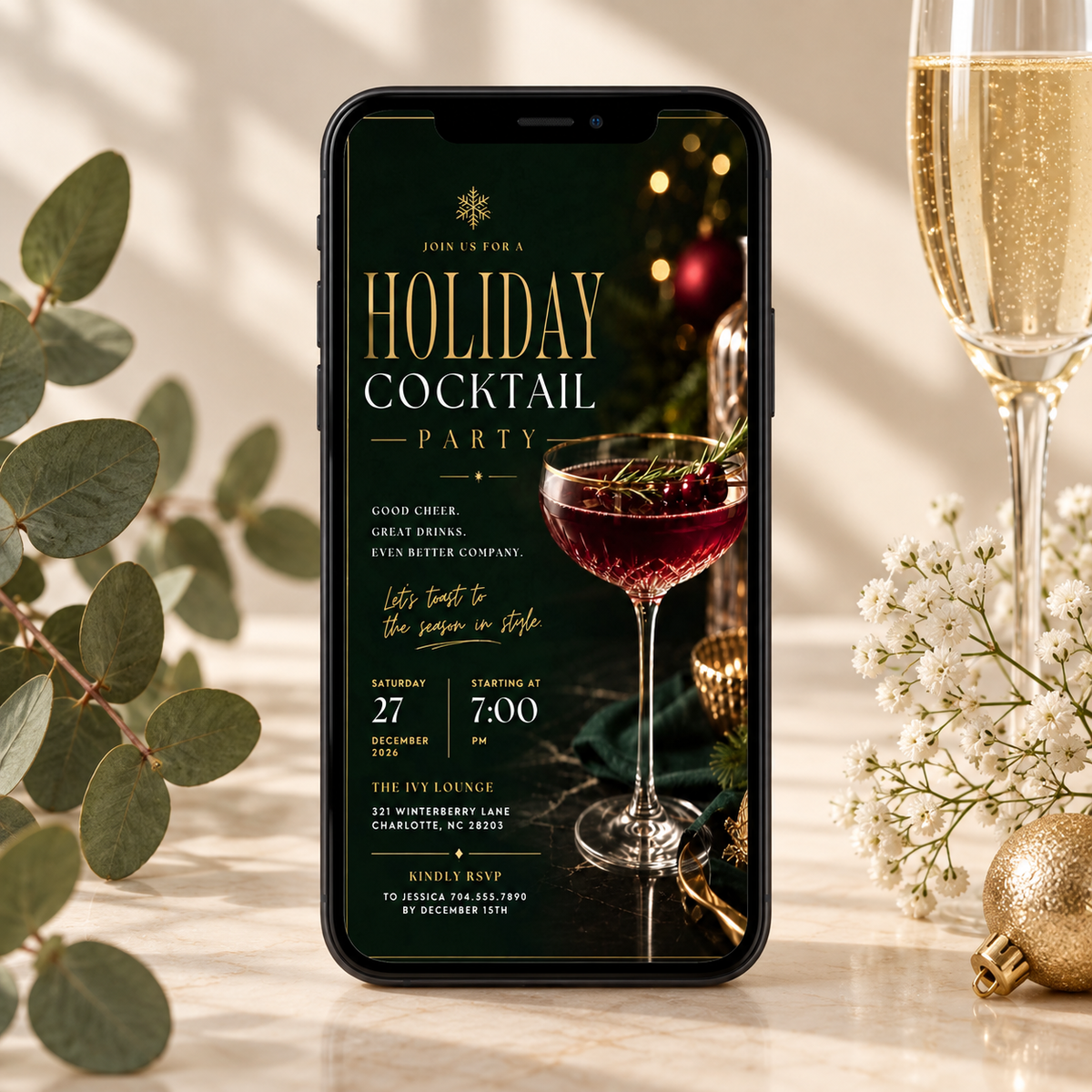 Holiday Cocktail Party Invitation - Dark Green Gold
