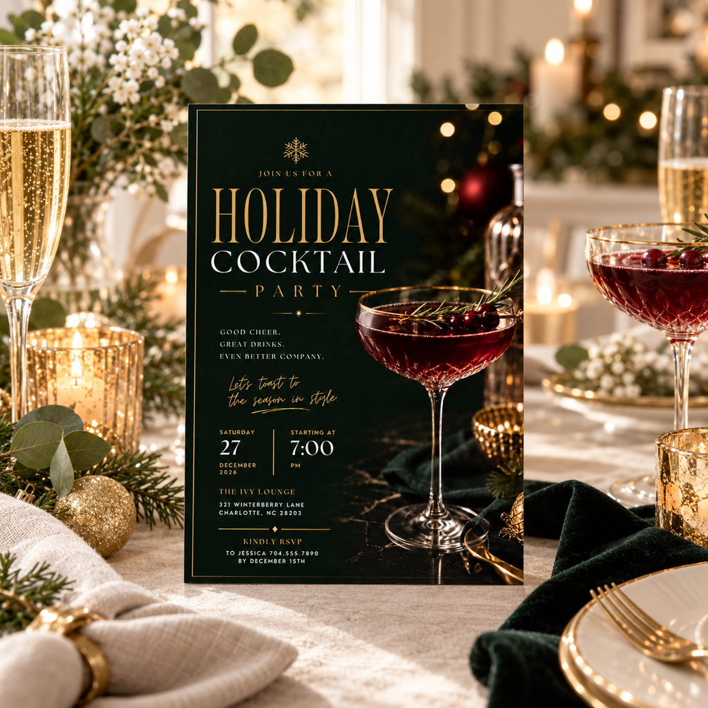 Holiday Cocktail Party Invitation - Dark Green Gold