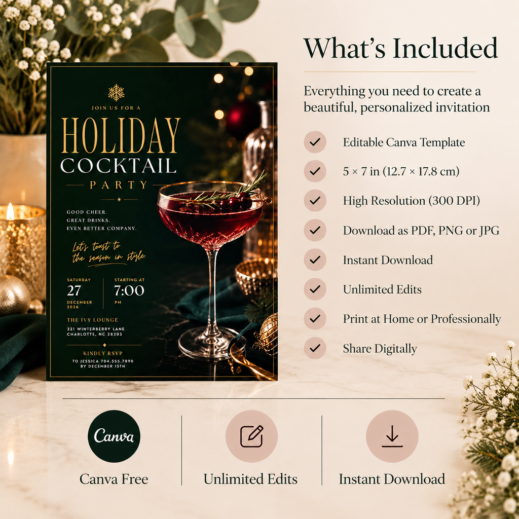 Holiday Cocktail Party Invitation - Dark Green Gold