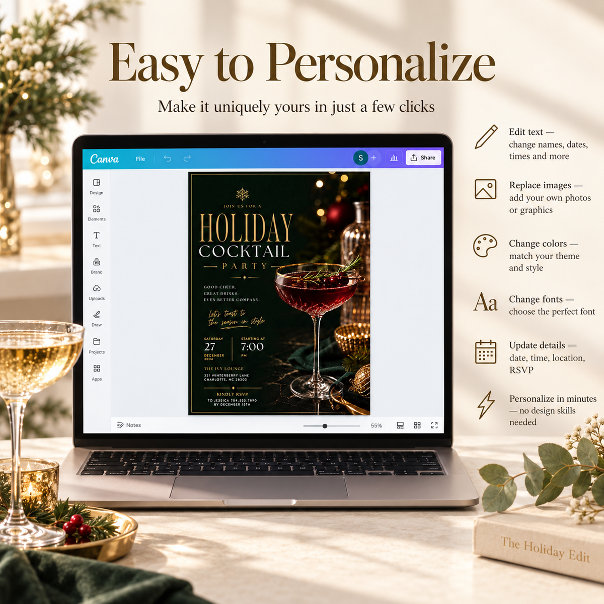 Easy to Personalize: Editing the Holiday Cocktail Party Invitation Dark Green Gold in Canva