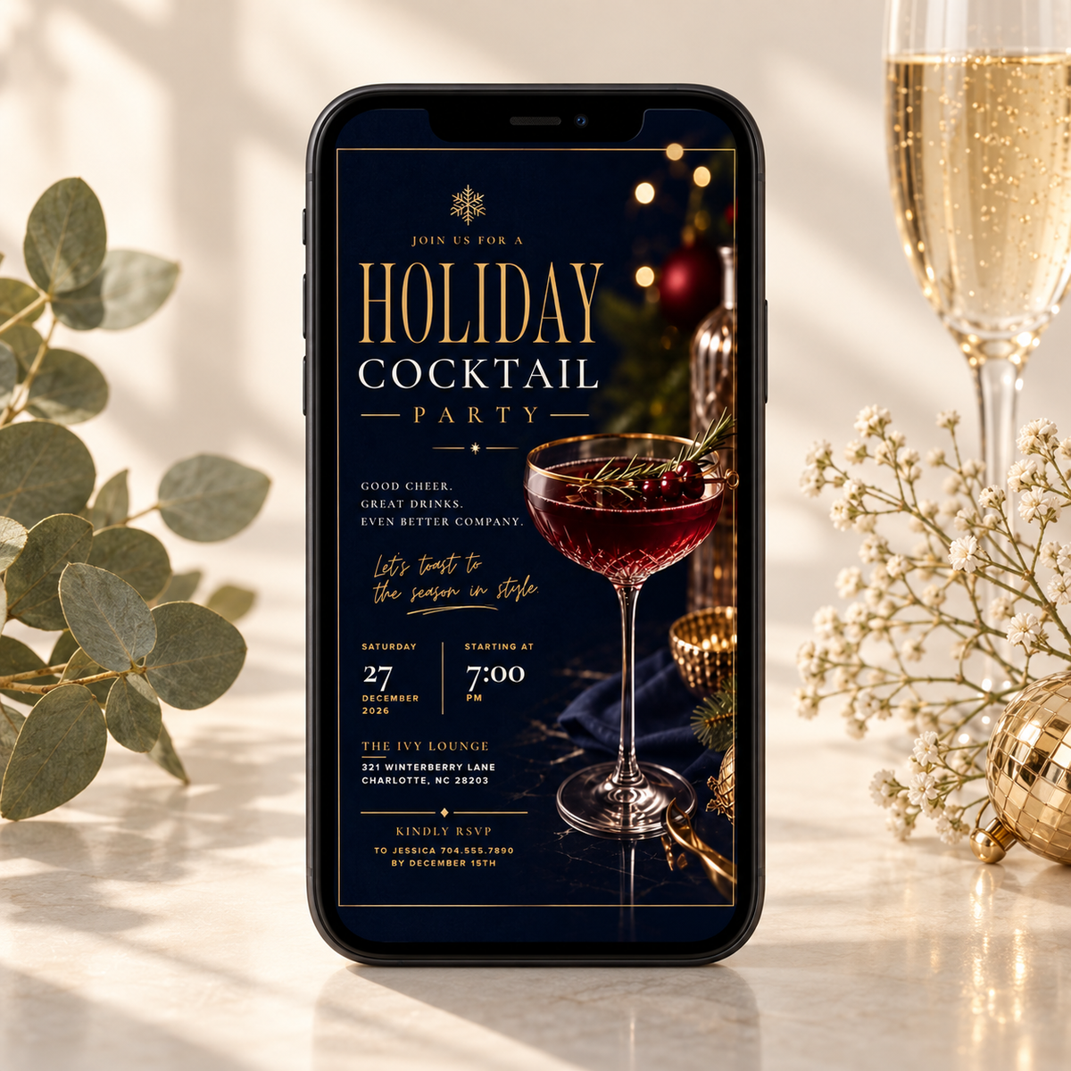 Holiday Cocktail Party Invitation - Navy Gold