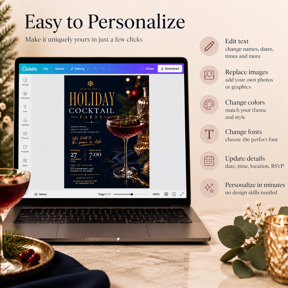Holiday Cocktail Party Invitation - Navy Gold
